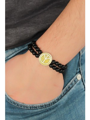 MK Beykoz Sarı Metal Barış Simgesi Tasarımlı Siyah Renk Mat Oniks Doğal Taş Erkek Bileklik