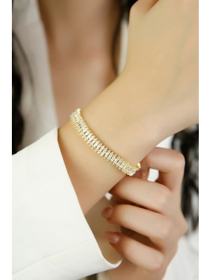 Normadia Kadın Kalın Baget Taşlı 14 Ayar Altın Suyuyla Gümüş Bileklik