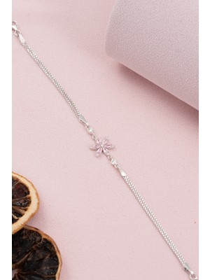Normadia 925 Ayar Gümüş Pembe Lotus Çiçekli Zirkon Taşlı Bileklik