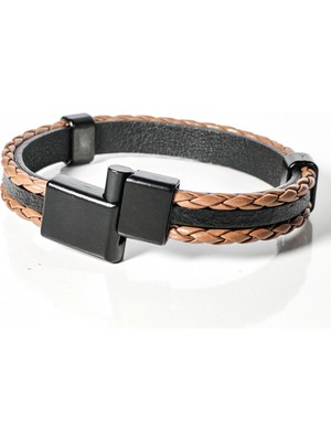 Moncuk Design Kahverengi Örme Erkek Deri Bileklik