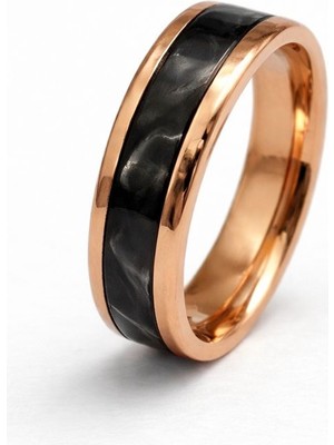 Famex Butik ve Aksesuar Şık Çelik, Rose Altın ve Siyah Inlaylı Erkek Yüzüğü