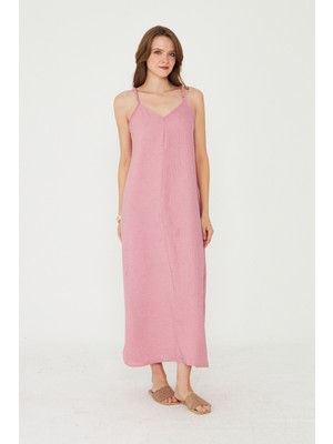 Camenta Ince Askılı Sırt Detaylı V Yaka Dökümlü Uzun Elbise