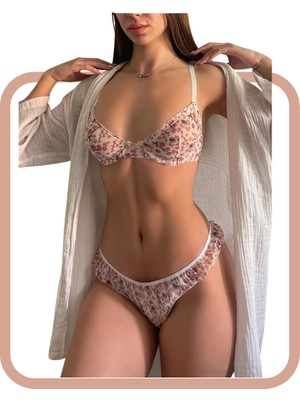 Zarvia Zarvıa Tül Fırfır Ekru Sütyen Tanga İç Çamaşır Takımı