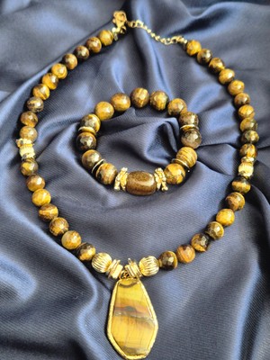Doğal Taş Kaplan Gözü Kolye-Bileklik Set