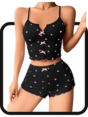Zarvia Kalp Desenli Şort Crop Pijama Takım Siyah %100 Pamuk