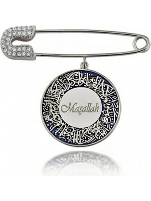 Parmas Design Bebek Yaka Iğnesi Maşallah ve Nazar Ayeti Yazılı 925 Ayar Gümüş Antialerjik Mavi