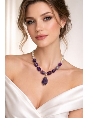 Solare Accessories Premium Ametist Taşı & Cam Inci Kolye