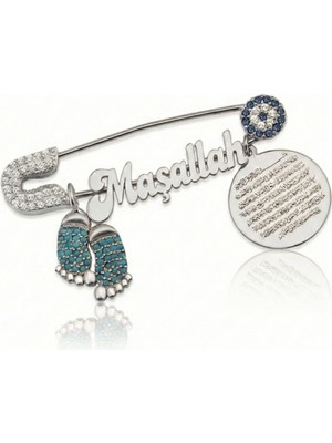 Parmas Design Bebek Yaka Iğnesi Maşallah ve Nazar Ayeti Yazılı 925 Ayar Gümüş Antialerjik Mavi Taşlı