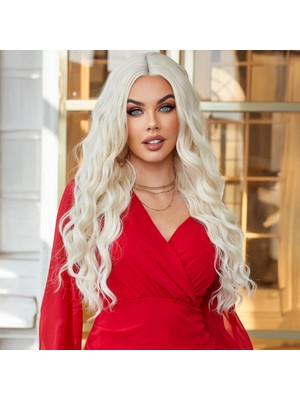 Pazarcan Su Dalgalı Uzun Beyaz Platin Tül Peruk