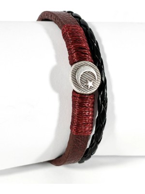 Moncuk Design Metal Ay Yıldız Figürlü Erkek Siyah Kahverengi Deri Bileklik - 20 cm