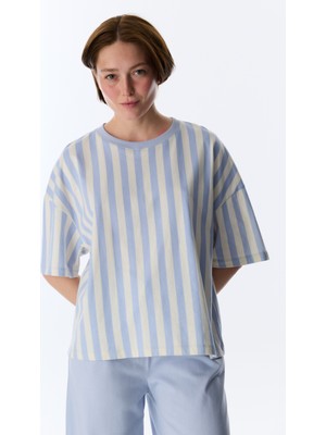 Penti Mavi Cozy Club Çizgili Tişört Pijama Üstü