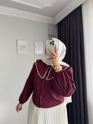 Rfk Butik Kadın Bebe Yaka Incili Etek Üstü Tasarım Gömlek - Bordo