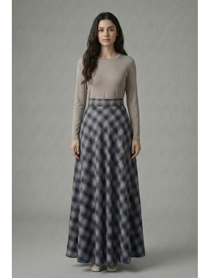 Şiir Manua Kadın Ekose Desen Volanlı Kloş Evaze Etek & Tesettür Etek - Siyah