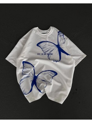 Tarz Yeri Unisex Bisiklet Yaka Baskılı Oversize T-Shirt - Beyaz