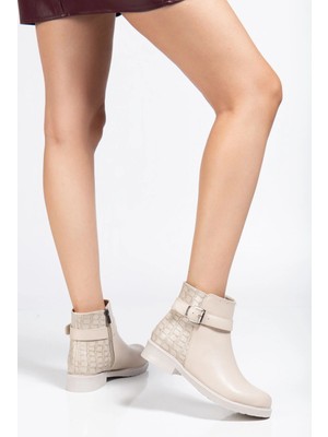 Pazarcan 165-204/1 Bej Kroko Toka Aksesuarlı Fermuarlı Günlük Kadın Bot