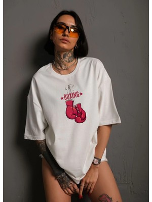 Tarz Yeri Unisex Bisiklet Yaka Baskılı Oversize T-Shirt - Beyaz