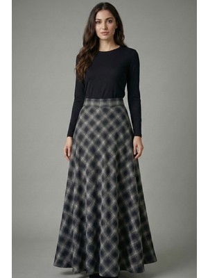 Şiir Manua Kadın Ekose Desen Volanlı Kloş Evaze Etek & Tesettür Etek -
