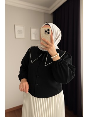 Rfk Butik Kadın Bebe Yaka Incili Etek Üstü Tasarım Gömlek - Siyah