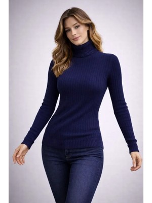 Pazarcan Balıkcı Yaka Bağazlı Triko Kazak Pamuklu Kalın Fitilli Dokuma - Lacivert