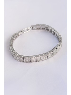 MK Beykoz Vip Seri Pirinç Zirkon Taşlı Gümüş Renk Kare Su Yolu Model Bileklik