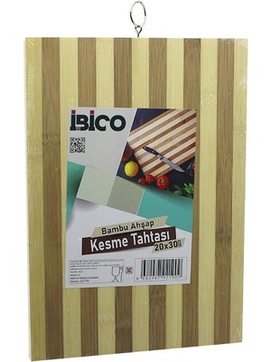 20 x 30 x 1.4cm  Beyaz Çizgili Ahşap Bambu Kesim Panosu - Kesme Tahtası Metal Kulplu (5477) Nf