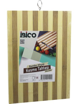24 x 34 x 1.4cm Beyaz Çizgili Ahşap Bambu Kesim Panosu - Kesme Tahtası Metal Kulplu (5477) Nfs