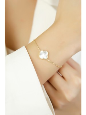 Normadia Parlak Sedef Taşlı 925 Ayar Gümüş Yaprak Yonca Bileklik