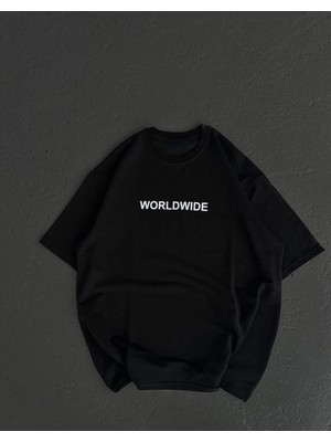 Tarz Yeri Unisex Bisiklet Yaka Baskılı Oversize T-Shirt - Siyah