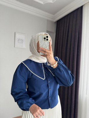 Rfk Butik Kadın Bebe Yaka Incili Etek Üstü Tasarım Gömlek - Lacivert
