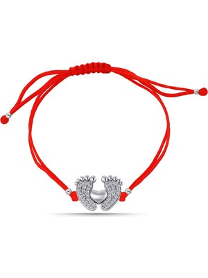 Normadia Şanslı Ayak Kalp Figürlü Gümüş Bileklik, Makrome Iplik Tasarım