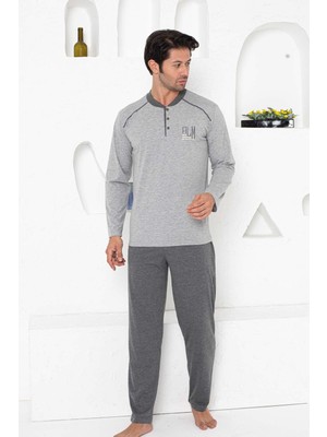 Alimer Erkek Pijama Takımı - Gri Arma Nakışlı Uzun Kollu Penye 1187UY