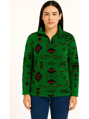 Kadın Yarım Fermuarlı Desenli Polar Sweat Tribal Etnik Desen Yakalı, Uzun Kollu, Oversize Rahat Kalıp - Yeşil