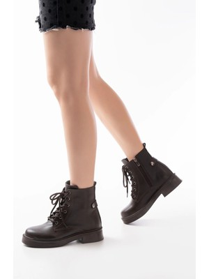 Pazarcan 02-2003 Kahve Cilt Bağcıklı Fermuarlı Günlük Kadın Bot