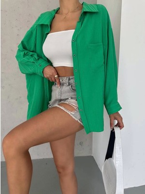Pazarcan Ağaç Kabuğu Oversize Arkası Pileli Gömlek
