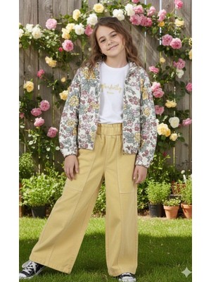 Jabber Kız Çocuk Çiçek Nakışlı Ceket, Tişört ve Pantolon 3'lü Takım