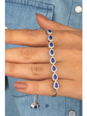 Normadia 925 Ayar Gümüş Mavi Damla Taşlı Asansörlü Bileklik