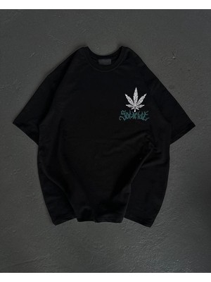Tarz Yeri Unisex Bisiklet Yaka Baskılı Oversize T-Shirt - Siyah