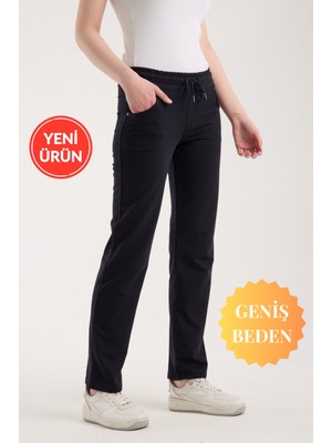 Banega Curve Büyük Beden Kompak Iki Iplik Pamuk Kumaş Beli Lastikli Cepli Toparlayıcı Lacivert Pantolon