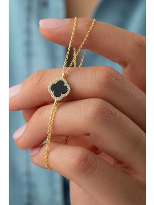 Normadia 925 Ayar Gümüş Siyah Yonca Bileklik, Şık ve Zarif Takı