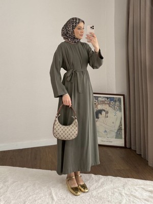 RFK Butik Kadın Belden Kuşaklı Tensel Elbise - Haki