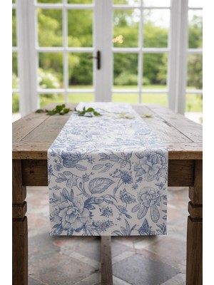 Rona Home Şık Mavi Çiçekli Kaliteli Kumaş Runner Ranir Yemek Masası Dekoru Runner Ranir Salon Mutfak Runner