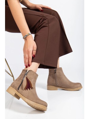 Pazarcan 165-205 Vizon Süet Yaprak Desenli Fermuarlı Günlük Kadın Bot