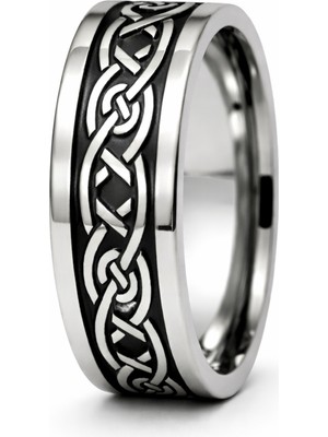 Famex Butik ve Aksesuar Örgü Desenli Erkek Çelik Yüzük – Siyah Detaylı Paslanmaz Çelik Erkek Yüzük, Modern ve Maskülen Tasarım