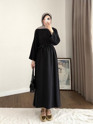 RFK Butik Kadın Belden Kuşaklı Tensel Elbise - Siyah