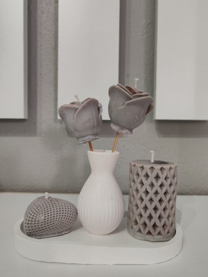 Home Mocha Zarafeti - (Sunumluklu Vazoda Tasarım Gül Mum & Silindir Mum & Kalp Mum Set)