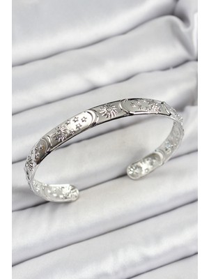 MK Beykoz Pirinç Gümüş Renk Işlemeli Altı Açık Bileklik