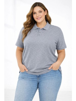 Tarz Yeri Kadın Pike Kumaş Düğmeli Yaka Battal Büyük Beden Günlük Kısa Kol Tişört T-Shirt - Gri