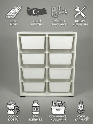 %100 Mdf Gövde Kolay Minifix Bağlantı 8 Çekmeceli Çok Amaçlı Oyuncak Dolabı - 8 Sepetli Beyaz Dolap