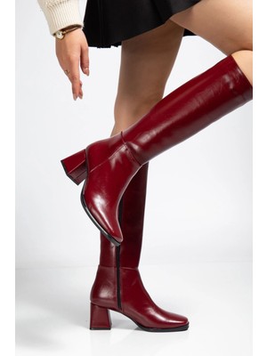 Pazarcan 4804 Bordo Kırışık Rugan Fermuarlı Günlük Bayan Çizme