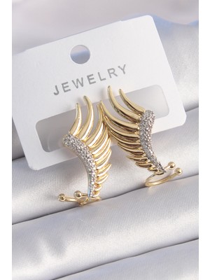 MK Beykoz Pirinç Gold Renk Zirkon Taşlı Kanat Model Kadın Küpe